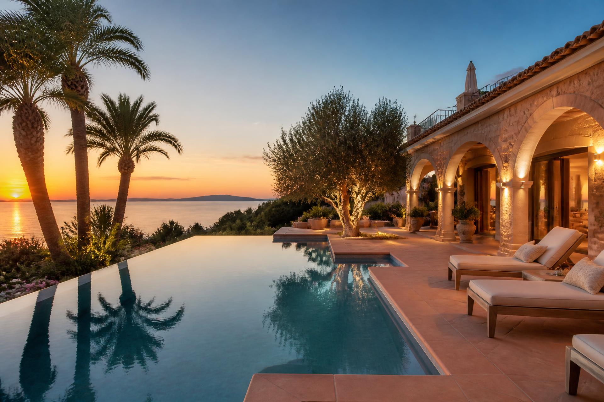 Luxuriöse Ferienvilla mit Infinity-Pool bei Sonnenuntergang